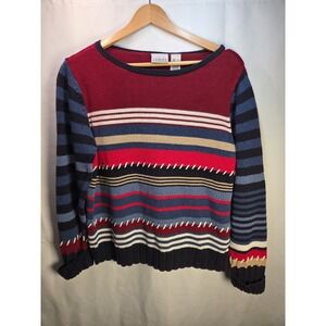 Villager Sport Women's Vintage Crew Neck Large Stripe Retro 90's Sweater